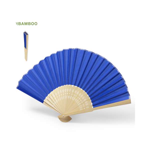 Abanico de línea nature con tela en resistente poliéster 190T. Varillas fabricadas en flexible bambú. Disponible en variada gama de colores.