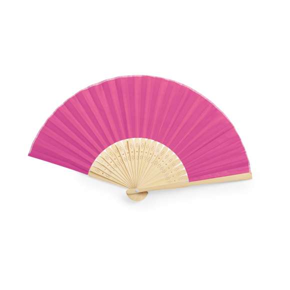 Abanico de línea nature con tela en resistente poliéster 190T. Varillas fabricadas en flexible bambú. Disponible en variada gama de colores.