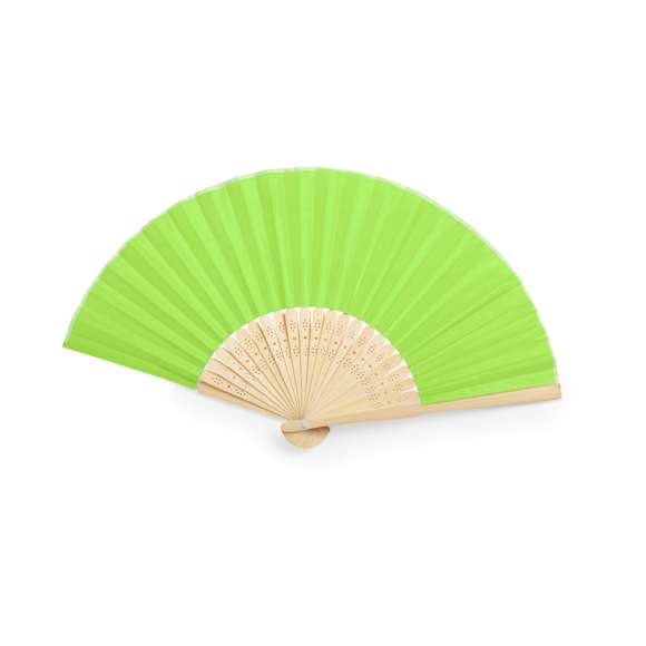 Abanico de línea nature con tela en resistente poliéster 190T. Varillas fabricadas en flexible bambú. Disponible en variada gama de colores.