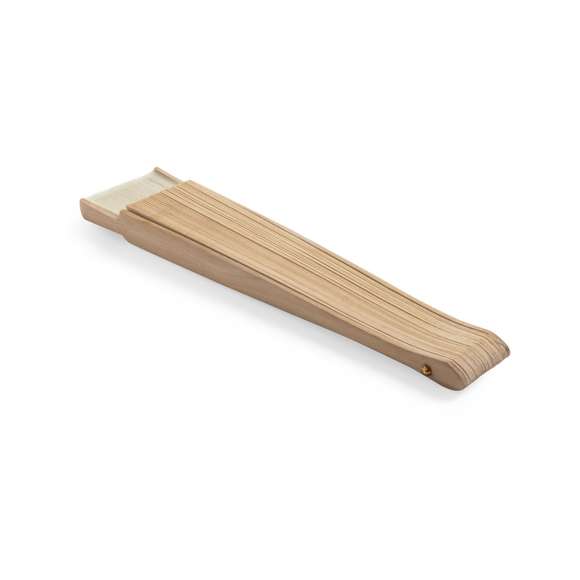 Abanico de línea nature, con varillas de madera y tela en algodón. Presentado en caja individual de diseño eco.