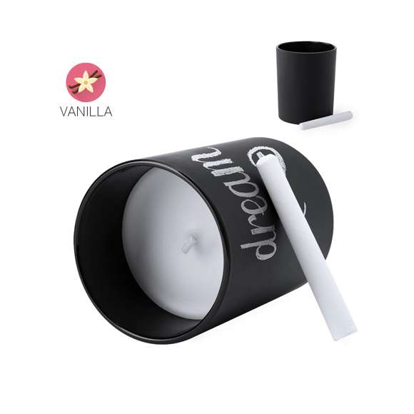 Vela aromática de fragancia vainilla presentada en original tarro pizarra para decorar. Tiza incluida y presentada en caja individual eco.