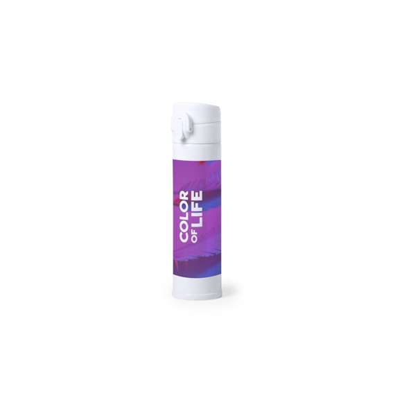 Termo en acero inox de 330ml de capacidad. Con doble cobertura para mejor y mas duradera conservación de la temperatura, con cierre de seguridad y sistema de apertura fácil con botón. Especialmente fabricado para impresión en sublimación y presentado en atractiva caja de diseño, Disponible manual de instrucciones en español e inglés.