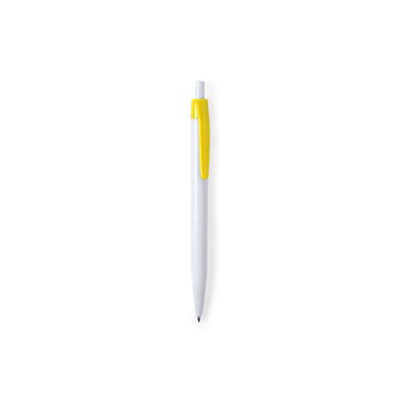 	Bolígrafo de mecanismo pulsador en desenfadado diseño bicolor. Con cuerpo en color blanco y clip en variada gama de colores. Amplia superficie de impresión y en tinta azul.