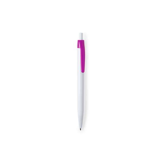  	Bolígrafo de mecanismo pulsador en desenfadado diseño bicolor. Con cuerpo en color blanco y clip en variada gama de colores. Amplia superficie de impresión y en tinta azul.