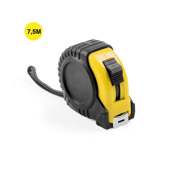 Flexómetro de 7,5 metros con cuchilla metálica y mecanismo de bloqueo. Con cuerpo de suave acabado en variados colores, recubierto con funda protectora en resistente goma, clip metálico para cinturón y cinta de transporte. Con troquelado especial para marcaje en doming/gota de resina y presentado en caja individual.