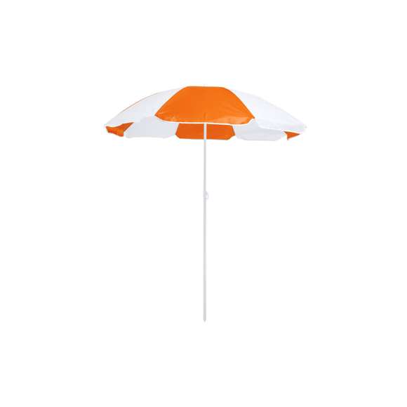 Sombrilla de playa de 8 paneles en resistente nylon de combinación bicolor. De 150cm de diámetro, con faldones laterales ribeteados, tubos metalizados en color blanco y ajustable en altura. Presentada en funda de PVC con cinta de transporte para hombro. Disponible en variada gama de colores combinados.