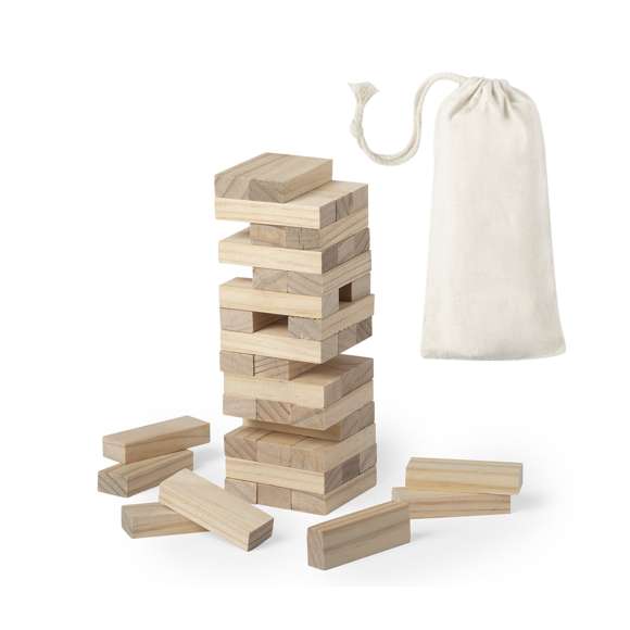 Juego de habilidad para los más manitas. Incluye 45 piezas de madera y viene presentado en una resistente funda de algodón con cierre de cordón.