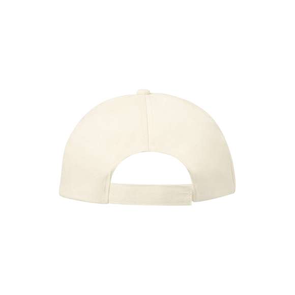 Gorra de línea nature. 5 paneles en algodón orgánico de suave acabado crudo. Con cierre ajustable de velcro y orificios de ventilación bordados, con distintivo en etiqueta.