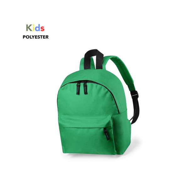 Mochila leisure para niños en resistente poliéster 600D, en extensa gama de vivos colores. Con cierre de cremallera de doble tirador y bolsillo en frontal. Asa de transporte y accesorios en color negro. Espalda y cintas de hombros acolchadas y ajustables.