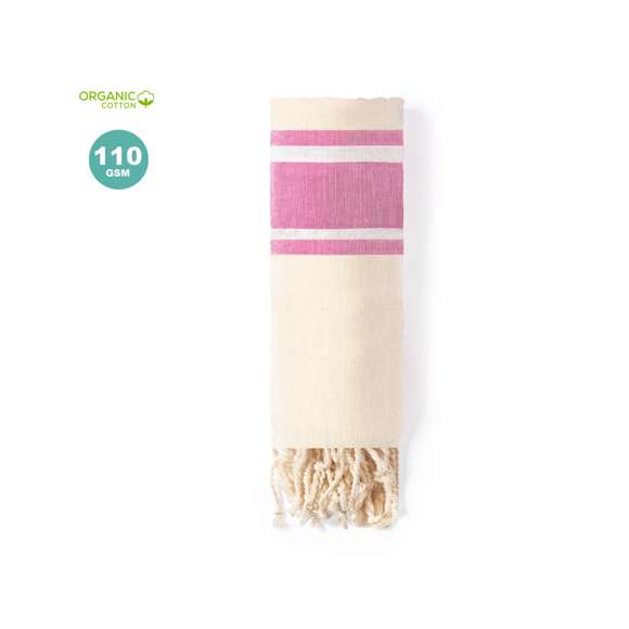 Pareo toalla 2 en 1 en algodón orgánico de 110g/m2. Tamaño 180 x 90 cm y disponible en variada gama de colores combinados. Distintivo organic en etiqueta.