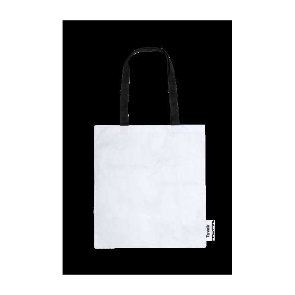 Bolsa en suave y ligero material Tyvek®, 100% reciclable y elaborado a partir de fibras de polietileno, que destaca especialmente por su resistencia, flexibilidad, durabilidad y facilidad para la impresión. Con asas largas en color negro de 70 cm reforzadas y resistencia de hasta 7 kg de peso. Con distintivo Tyvek® en etiqueta lateral.
