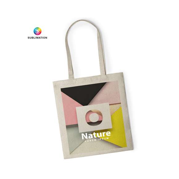 Bolsa de inspiración nature, en resistente poliéster de suave tacto, especialmente elaborado para impresión en sublimación. Con asas largas de 70 cm reforzadas, con acabado cosido y resistencia de hasta 8 kg de peso.