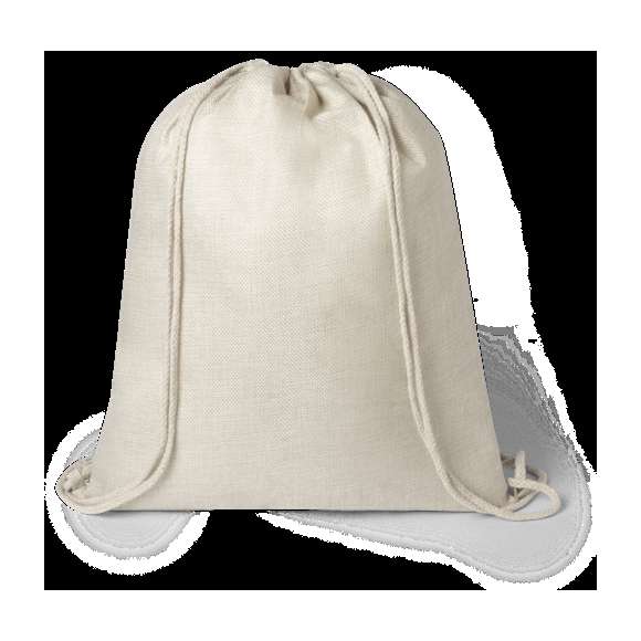 Mochila de cuerdas de inspiración nature, en resistente poliéster de suave tacto, especialmente elaborado para impresión en sublimación. Con cuerdas autocierre en color natural y esquinas reforzadas.