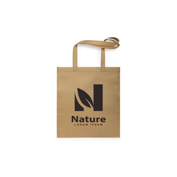 Bolsa reutilizable de inspiración nature en non-woven de 80g/m2. Tamaño 36x40 cm, de acabado termosellado y con asas largas reforzadas de 67 cm. Resistencia de hasta 6 kg de peso.