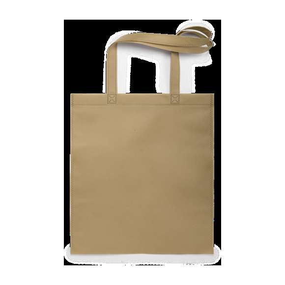 Bolsa reutilizable de inspiración nature en non-woven de 80g/m2. Tamaño 36x40 cm, de acabado termosellado y con asas largas reforzadas de 67 cm. Resistencia de hasta 6 kg de peso.