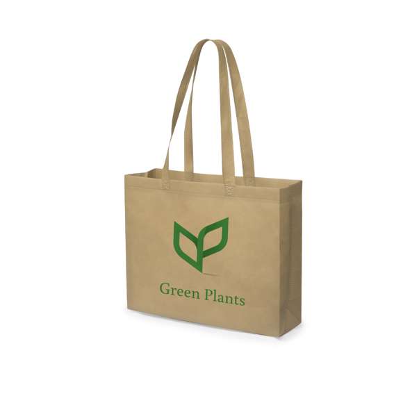 Bolsa reutilizable de inspiración nature en non-woven de 80g/m2. Tamaño 42x30+11 cm, de acabado termosellado y con asas largas reforzadas de 70 cm. Resistencia de hasta 8 kg de peso.