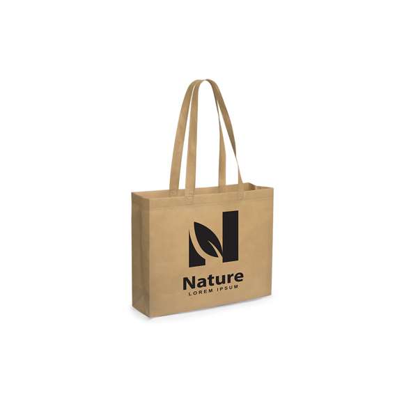 Bolsa reutilizable de inspiración nature en non-woven de 80g/m2. Tamaño 42x30+11 cm, de acabado termosellado y con asas largas reforzadas de 70 cm. Resistencia de hasta 8 kg de peso.