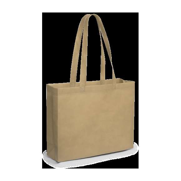 Bolsa reutilizable de inspiración nature en non-woven de 80g/m2. Tamaño 42x30+11 cm, de acabado termosellado y con asas largas reforzadas de 70 cm. Resistencia de hasta 8 kg de peso.
