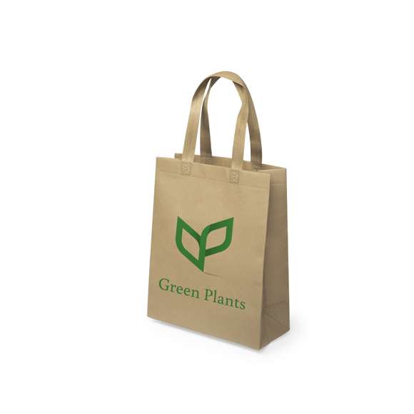  	Bolsa reutilizable de inspiración nature en non-woven grueso de 90g/m2. Tamaño 25x31+11 cm, de acabado cosido y con asas cortas reforzadas de 27 cm. Resistencia de hasta 7 kg de peso.