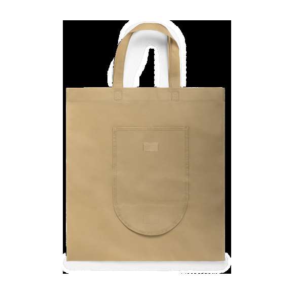 Bolsa plegable y reutilizable de inspiración nature en non-woven de 80g/m2. Tamaño 38x42 cm, de acabado termosellado y con asas medianas reforzadas de 40 cm. Plegado de pequeño tamaño con cierre de botón para cómodo transporte. Resistencia de hasta 7 kg de peso.