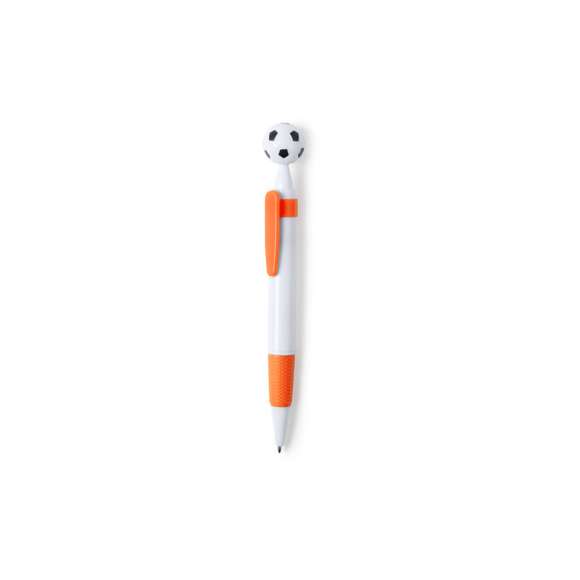 Bolígrafo para los más futboleros con detalle en forma de balón. De mecanismo pulsador y en desenfadado diseño bicolor. Con cuerpo en color blanco, con clip y empuñadura a juego, en variada gama de colores. Amplia superficie de impresión y en tinta azul.