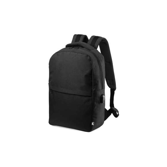 Mochila de negocios en resistente 600D RPET, elaborado a partir de plástico reciclado, para así fomentar la reutilización de residuos plásticos y ayudar a la sostenibilidad del planeta. Con cierre de cremallera de doble tirador y bolsillo en frontal. Interior con bolsillos acolchados para tablet de hasta 10 pulgadas y ordenador portátil de hasta 15 pulgadas, con estación de carga USB (cable incluido, batería auxiliar no incluida). Esquinas reforzadas, asa de transporte acolchada y accesorios en color negro. Espalda y cintas de hombros acolchadas y ajustables. Distintivo RPET en etiqueta,