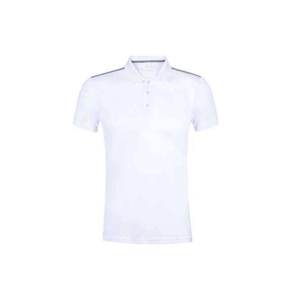Polo técnico para adulto en poliéster transpirable de 180g/m2. De elegante diseño bicolor, en color blanco con contraste de detalles en gris. Disponible en tallas S, M, L, XL, XXL. Color blanco especialmente fabricado para marcaje en sublimación.