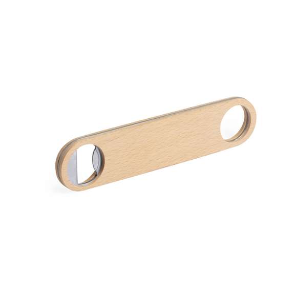 Abridor de madera de haya pulida con interior en acero inox, con troquelado para colgar.
