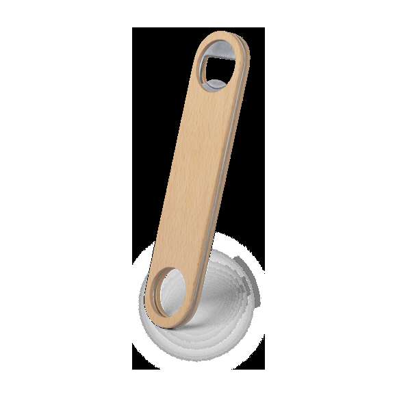 Abridor de madera de haya pulida con interior en acero inox, con troquelado para colgar.