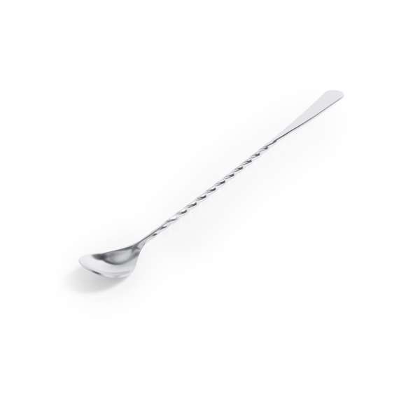 Agitador para bebidas de 25,6 cm en diseño espiral y acabado en acero inox., con extremo plano para marcaje.