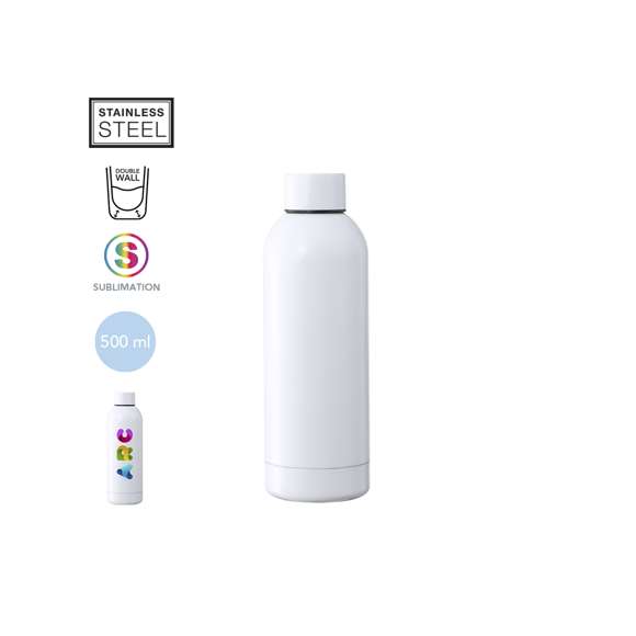 Bidón térmico de 500 ml de capacidad, fabricado en acero inox de doble pared y especialmente diseñado para marcaje en sublimación. De acabado blanco brillo y con tapón a rosca a juego, libre de BPA. Presentado en caja individual de diseño kraft. Disponible manual de instrucciones en español e inglés.