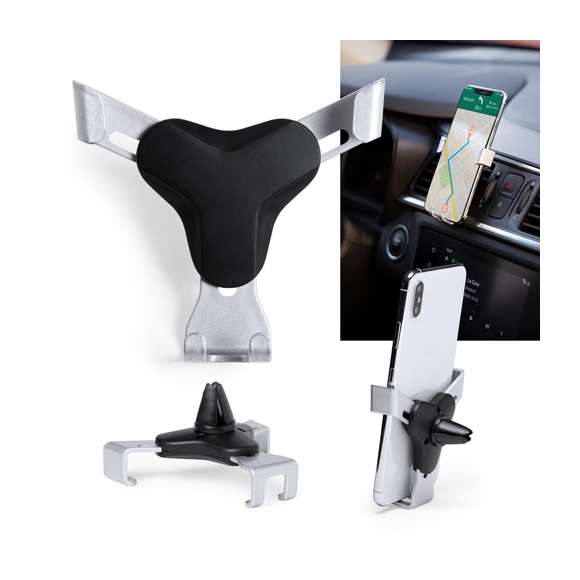 Ingenioso soporte para smartphone de diseño minimalista y especialmente diseñado para smartphones tamaño XXL. Con sistema de fijación universal que se activa por el propio peso del teléfono, ajustando las pinzas de agarre una vez que se sitúa el dispositivo en el soporte. Para rejilla de ventilación del automóvil y con frontal especialmente diseñado para marcaje en tampografía.