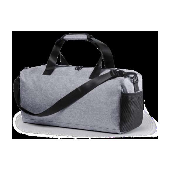 Bolso multiusos en resistente poliéster 600D denim y desenfadado diseño bicolor, con cuerpo en gris y detalles en negro. Compartimento principal con cierre de cremallera y doble tirador, resistentes asas de nylon con rerfuerzos y bolsillo lateral de redecilla. Con cinta bandolera ajustable.