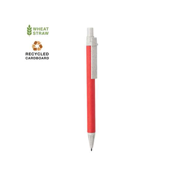 Bolígrafo con mecanismo pulsador de línea nature. Cuerpo en cartón reciclado, con accesorios en caña de trigo, para así fomentar la utilización de materias primas naturales y reducir las emisiones contaminantes. Disponible en variada gama de colores y en tinta azul.