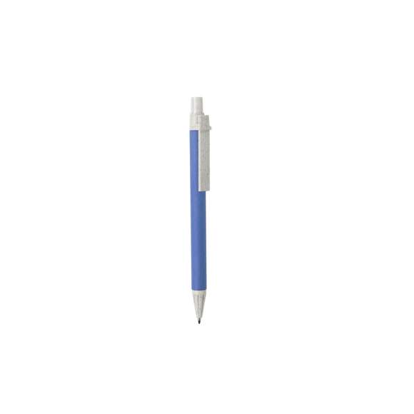 Bolígrafo con mecanismo pulsador de línea nature. Cuerpo en cartón reciclado, con accesorios en caña de trigo, para así fomentar la utilización de materias primas naturales y reducir las emisiones contaminantes. Disponible en variada gama de colores y en tinta azul.
