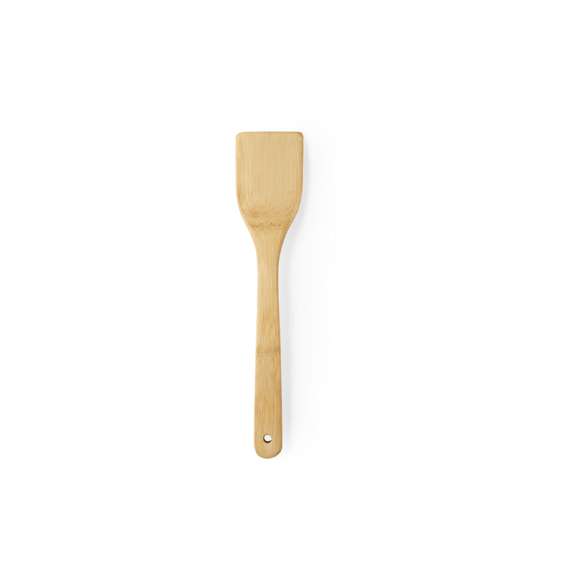 Paleta de cocina de línea nature fabricada en bambú pulido, con asa troquelada para colgar.
