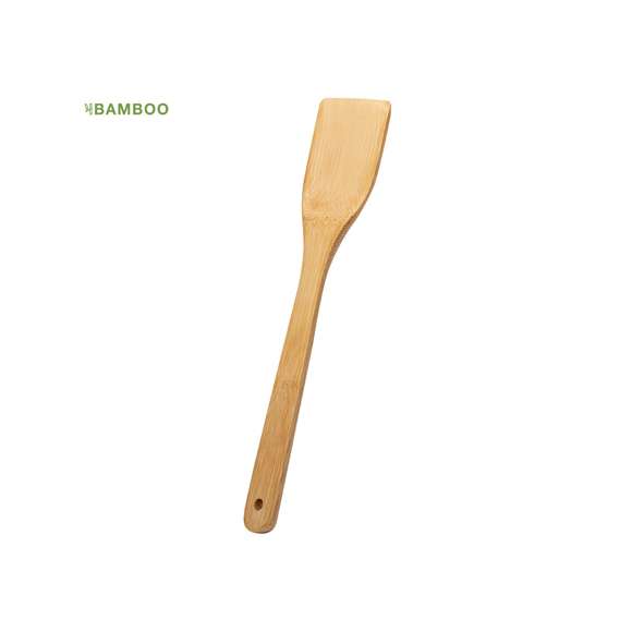 Paleta de cocina de línea nature fabricada en bambú pulido, con asa troquelada para colgar.