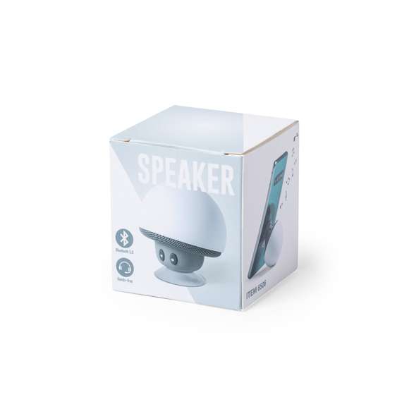  	Altavoz de original diseño seta con función soporte para móvil. Conectividad Bluetooth® 5.0, con 3W de potencia y función manos libres. Cuerpo con suave acabado de tacto goma y ventosa de fijación para función soporte. Cable micro USB incluido y presentado en atractiva caja de diseño.
