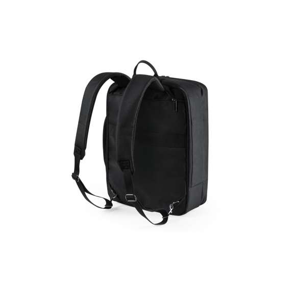 Mochila portadocumentos en combinación de resistente poliéster 300D con detalles en polipiel. De diseño urbano, compartimento principal con cierre de cremallera de doble tirador y bolsillo acolchado para portátil de hasta 15 pulgadas. Con cintas de hombros y espalda acolchadas, de ajuste regulable. Con accesorio para ajuste en trolley y bolsillo para ocultar las cintas de la espalda cuando se usa como portadocumentos.
