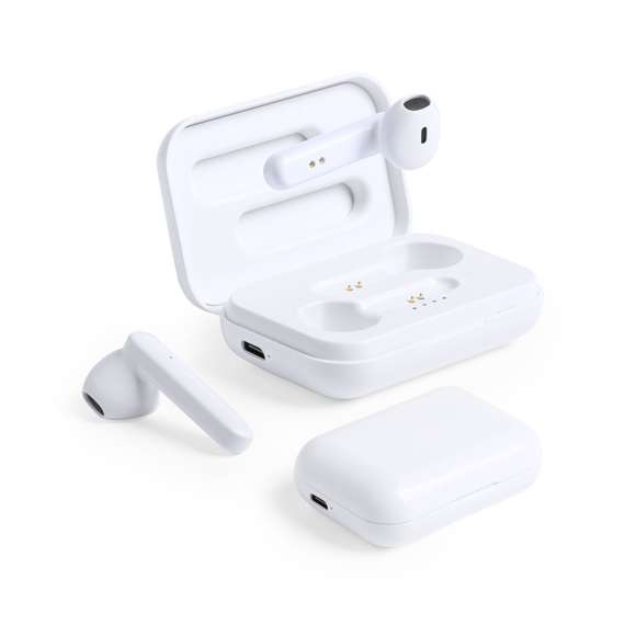 Auriculares intraurales en elegante acabado blanco y conexión Bluetooth® 5.0. De diseño ergonómico, incluyen botón de control táctil integrado en el auricular, con base de carga a juego. Función manos libres y recargables, con cable micro USB incluido. Presentados en estuche individual de lujo con tapa de bisagra y en atractiva caja de diseño.