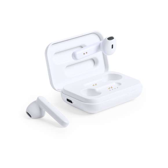 Auriculares intraurales en elegante acabado blanco y conexión Bluetooth® 5.0. De diseño ergonómico, incluyen botón de control táctil integrado en el auricular, con base de carga a juego. Función manos libres y recargables, con cable micro USB incluido. Presentados en estuche individual de lujo con tapa de bisagra y en atractiva caja de diseño.
