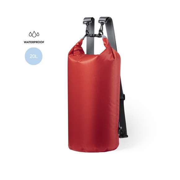 Mochila impermeable de gran capacidad (20l), fabricada en resistente ripstop. Con cierre de seguridad, asa con hebilla de ajuste, mosquetón, y cintas ajustables. Disponible en variada gama de colores brillantes.