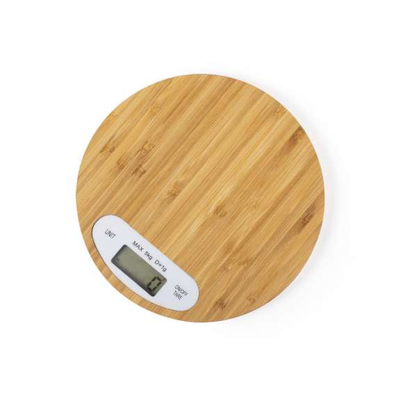 	Báscula de cocina de línea nature en bambú pulido. Display digital, con funciones de apagado automático, tara y selección de unidad de pesaje. Alimentación a pilas (de botón incluidas) y peso máximo 5kg. Presentada en atractiva caja de diseño eco.