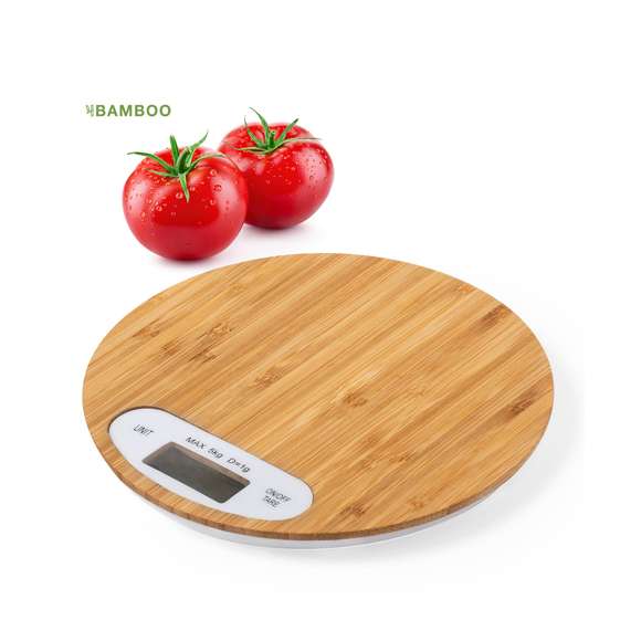  	Báscula de cocina de línea nature en bambú pulido. Display digital, con funciones de apagado automático, tara y selección de unidad de pesaje. Alimentación a pilas (de botón incluidas) y peso máximo 5kg. Presentada en atractiva caja de diseño eco.