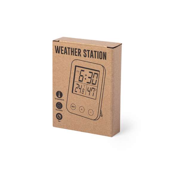 Estación meteorológica de línea nature con frontal en bambú. Funciones higrómetro y termómetro. Alimentación a pilas (2xAAA no incluidas) y presentado en atractiva caja de diseño eco.