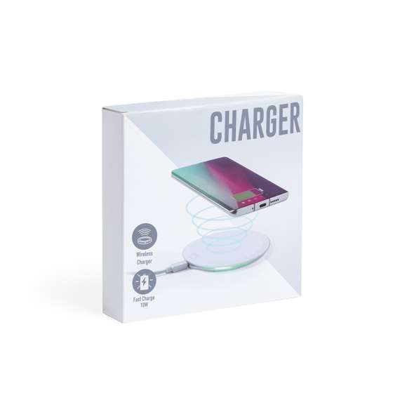 Cargador inalámbrico circular, con función carga rápida de 10W. Base antideslizante e indicador LED de estado de carga. Cable micro USB incluido y compatible con smartphones con tecnología de carga inalámbrica. Presentado en atractiva caja de diseño.
