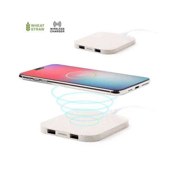Cargador inalámbrico de línea nature. Carcasa en caña de trigo, para así fomentar la utilización de materias primas naturales y reducir las emisiones contaminantes. Con salida USB dual de 2.100 mA de capacidad para carga simultánea de hasta 3 dispositivos (1 por carga inalámbrica y 2 por cable). Base antideslizante y compatible con dispositivos equipados con tecnología de carga inalámbrica. Presentado en atractiva caja de diseño eco.