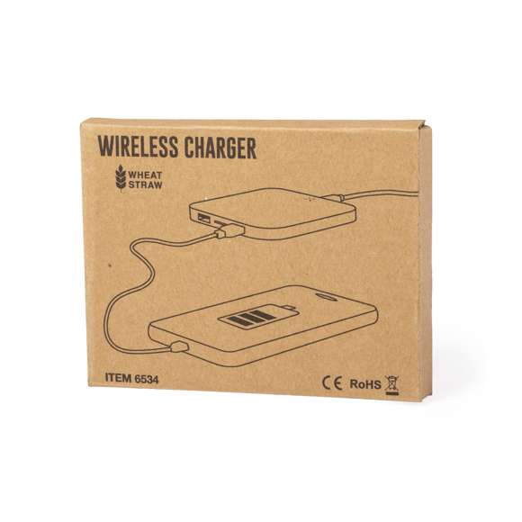 Cargador inalámbrico de línea nature. Carcasa en caña de trigo, para así fomentar la utilización de materias primas naturales y reducir las emisiones contaminantes. Con salida USB dual de 2.100 mA de capacidad para carga simultánea de hasta 3 dispositivos (1 por carga inalámbrica y 2 por cable). Base antideslizante y compatible con dispositivos equipados con tecnología de carga inalámbrica. Presentado en atractiva caja de diseño eco.