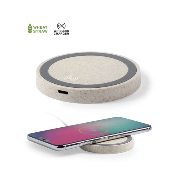 Cargador inalámbrico circular de línea nature. Carcasa en caña de trigo, para así fomentar la utilización de materias primas naturales y reducir las emisiones contaminantes. Con base antideslizante e indicador LED de estado de carga. Compatible con smartphones con tecnología de carga inalámbrica y presentado en atractiva caja de diseño eco.