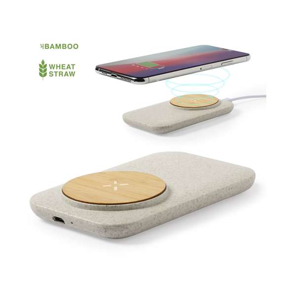 Cargador inalámbrico de línea nature. Hecho en bambú en combinación con caña de trigo, para así fomentar la utilización de materias primas naturales y reducir las emisiones contaminantes. Indicador de estado de carga y compatible con dispositivos equipados con tecnología de carga inalámbrica. Amplia superficie de marcaje y presentado en atractiva caja de diseño eco. Cable incluido.